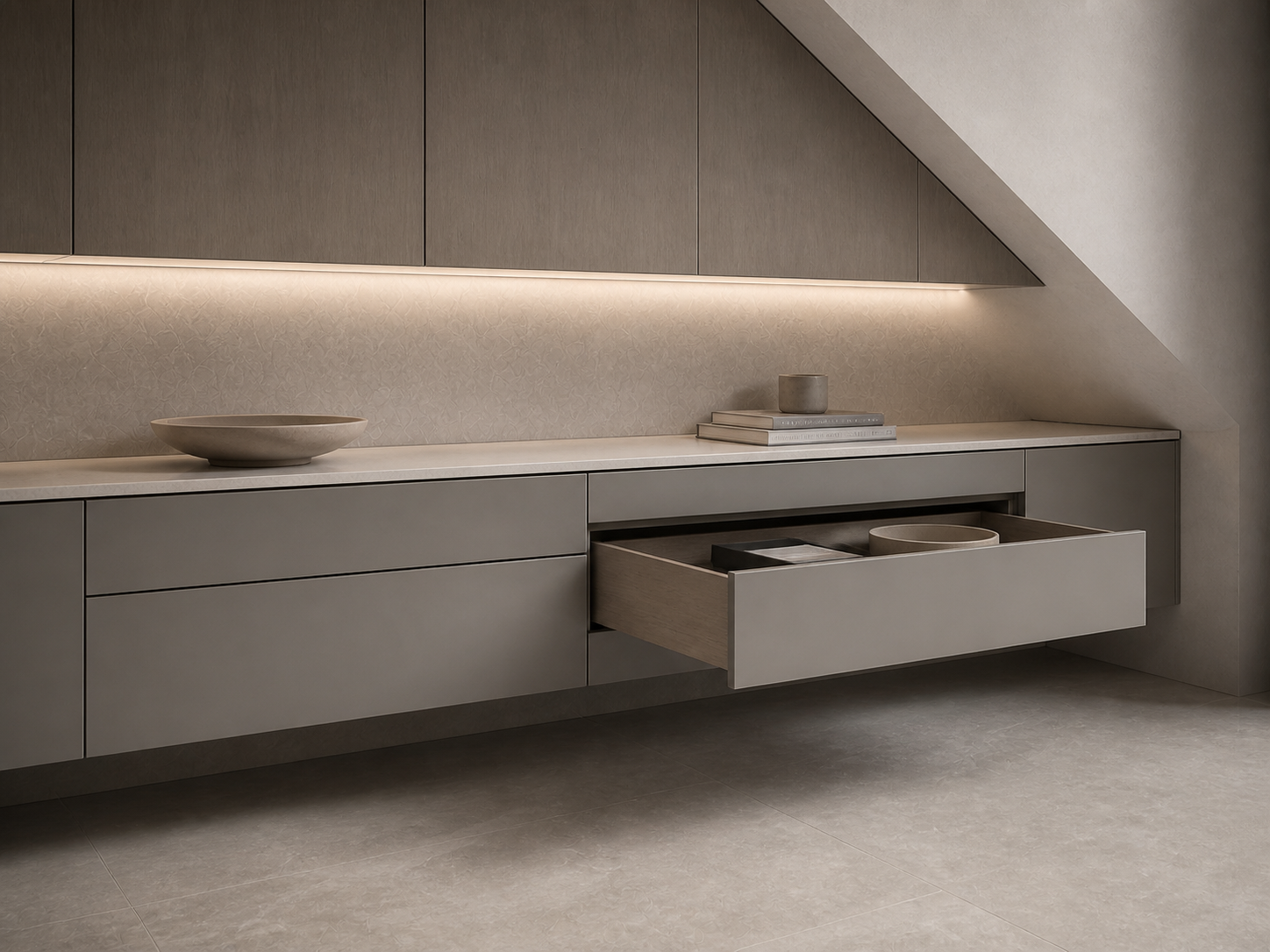 Push-to-open drawer in cool handle-free architectural cabinetry