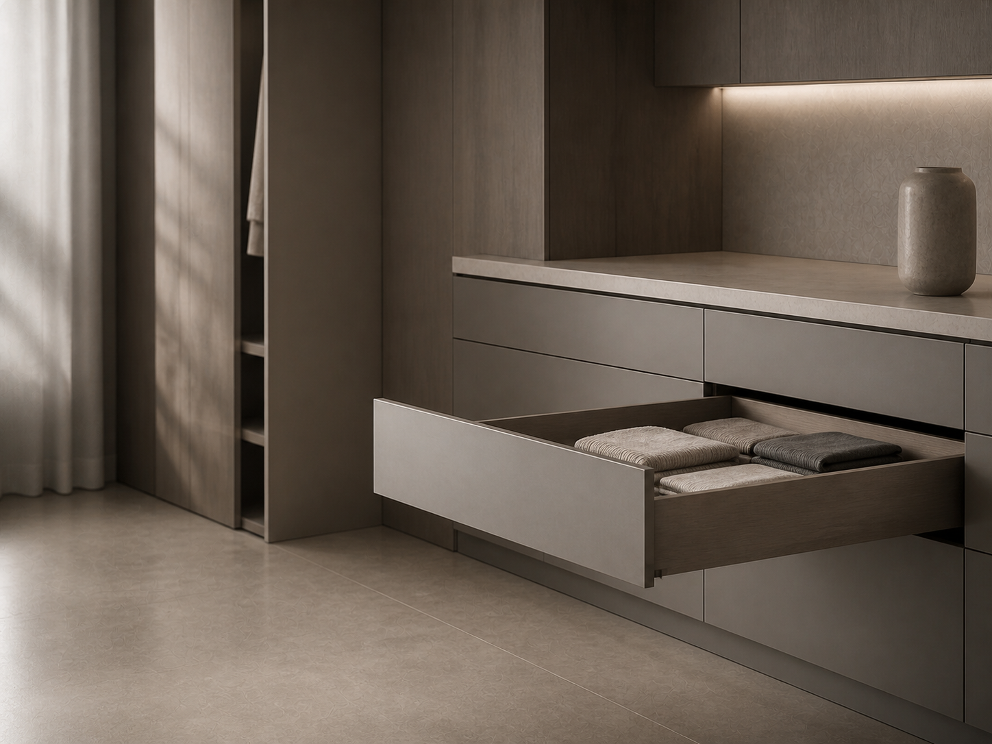 Soft-close drawer in cool architectural dressing-room cabinetry