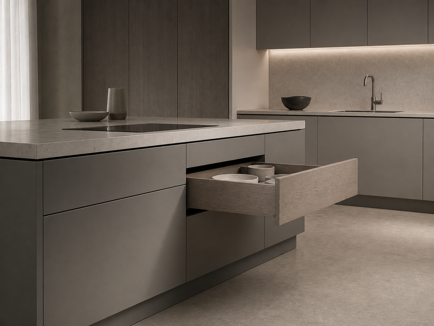 Synchronised undermount drawer slide in cool architectural kitchen cabinetry